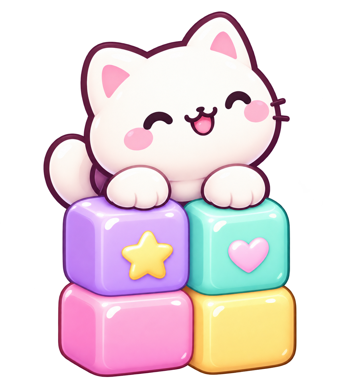 A smiling white cat with candy blocks